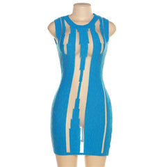 Crewneck knitted mesh patchwork mini dress