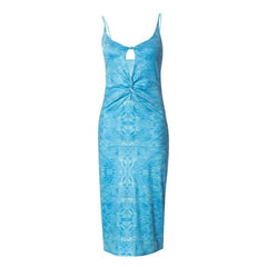 Ruched knotted slit print hollow out backless cami cut out midi dress-final-sale