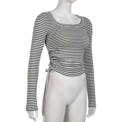 Long sleeve round neck striped drawstring top