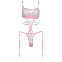 Lace butterfly pattern cross front hollow out cami bodysuit