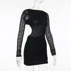 Lace solid long sleeve backless hollow out self tie cut out mini dress-final-sale