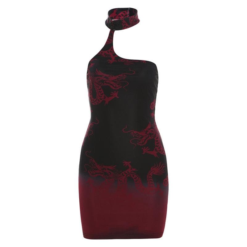 Halter irregular dragon print mini dress