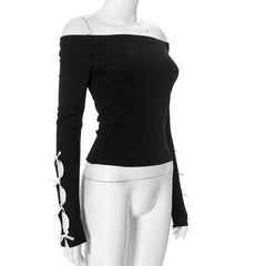 Long sleeve off shoulder bowknot hollow out ribbed cut out top-final-sale