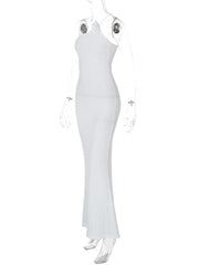 Flower applique one shoulder textured slit cami maxi dress