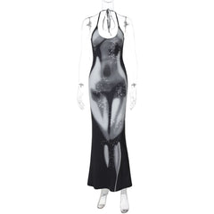 Halter self tie u neck body print o ring maxi dress