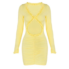Long sleeve v neck hollow out ruffle cut out mini dress