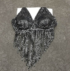 V neck halter self tie tassels glitter top