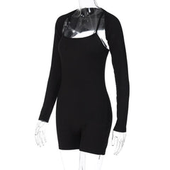 Solid ribbed cross back long sleeve shrug romper