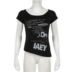 Short sleeve letter print irregular round neck top