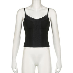 Stitch v neck lace hem backless solid cami top