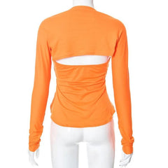 Drawstring hollow out button solid 2 piece shrug tube cut out top-final-sale