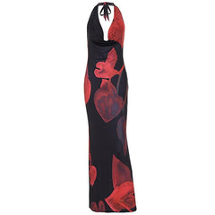 Halter cowl neck backless print maxi dress