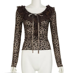 Long sleeve ruffle leopard print bowknot ribbon top
