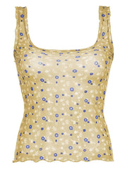 Square neck ruffle sheer mesh flower print tan tank top