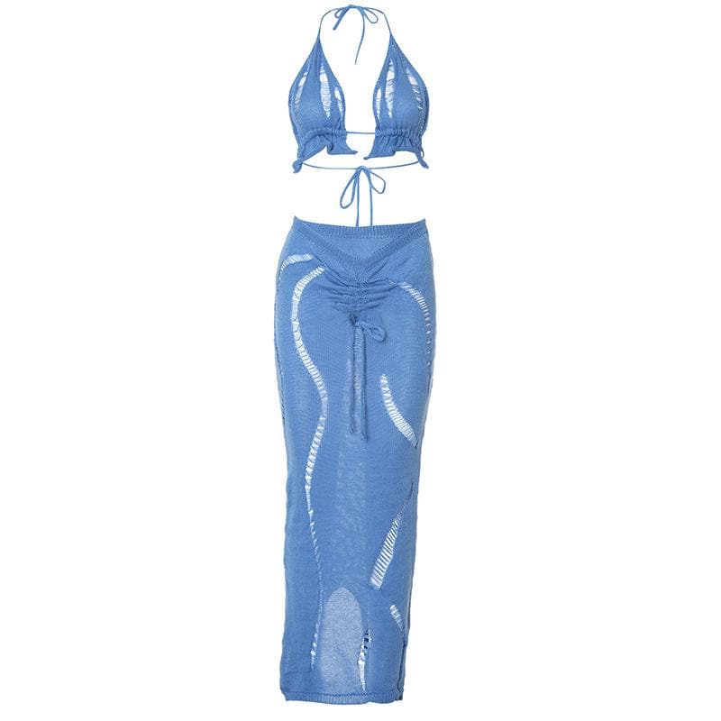 Halter knitted drawstring self tie slit maxi skirt set