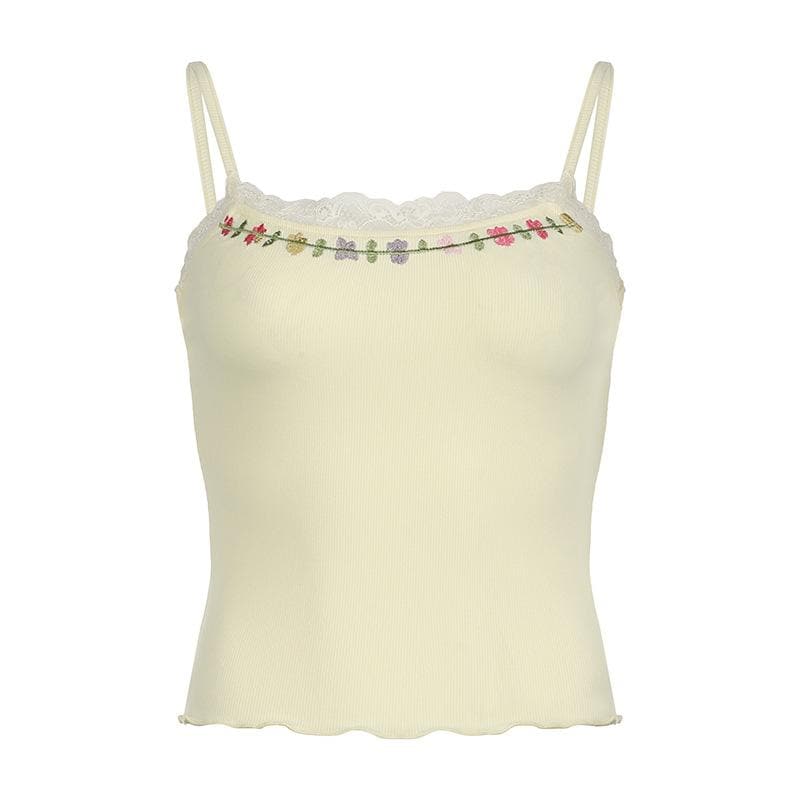 U neck ribbed embroidery ruffle cami top