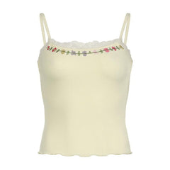 U neck ribbed embroidery ruffle cami top
