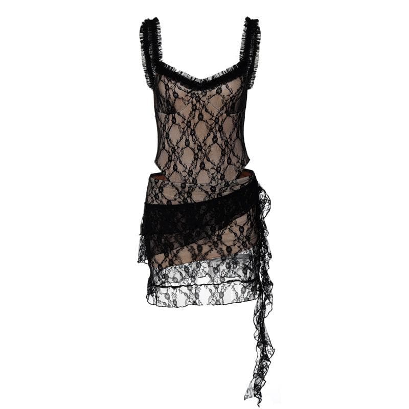 Lace ruffle ruched hollow out cami cut out mini dress