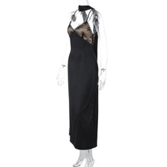 Lace hem v neck zip-up cross back cami maxi dress