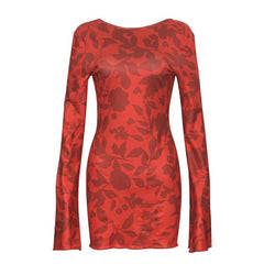 Long sleeve leopard print self tie backless mini dress