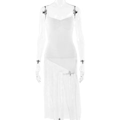 V neck ruched irregular lace spaghetti strap midi dress