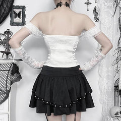 Lace hem off shoulder ruched smocked top