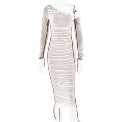 Long sleeve one shoulder ruched stitch mesh midi dress-final-sale