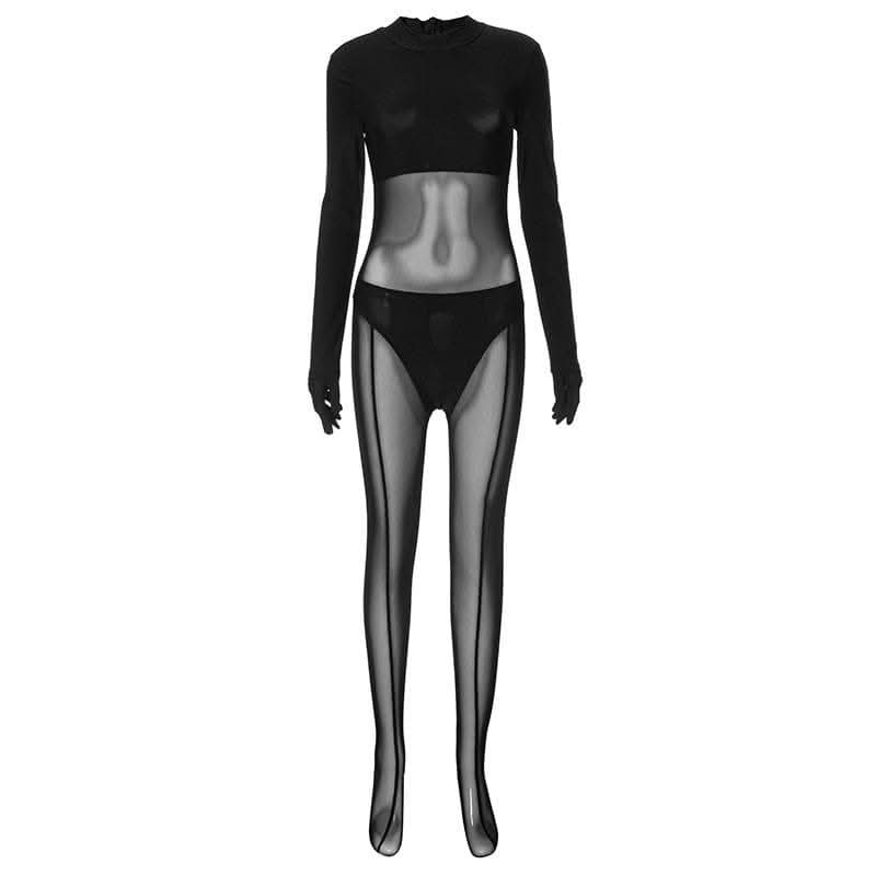 Gloves long sleeve mesh patchwork solid zip-up jumpsuit-final-sale