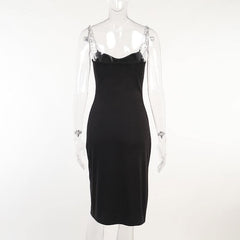 Metal chain v neck slit solid irregular backless midi dress-final-sale