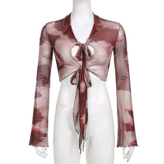 Sheer mesh see through long sleeve tie dye ruffle self tie crop top-final-sale