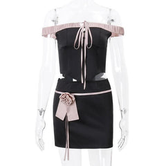 Off shoulder self tie flower applique zip-up button mini skirt set-final-sale