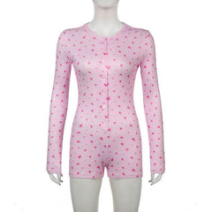 Long sleeve crewneck button flower print romper
