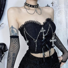 Metal chain lace up sweetheart neck tube top