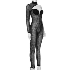 Long sleeve one shoulder lace see through solid high neck zip-up jumpsuit-final-sale
