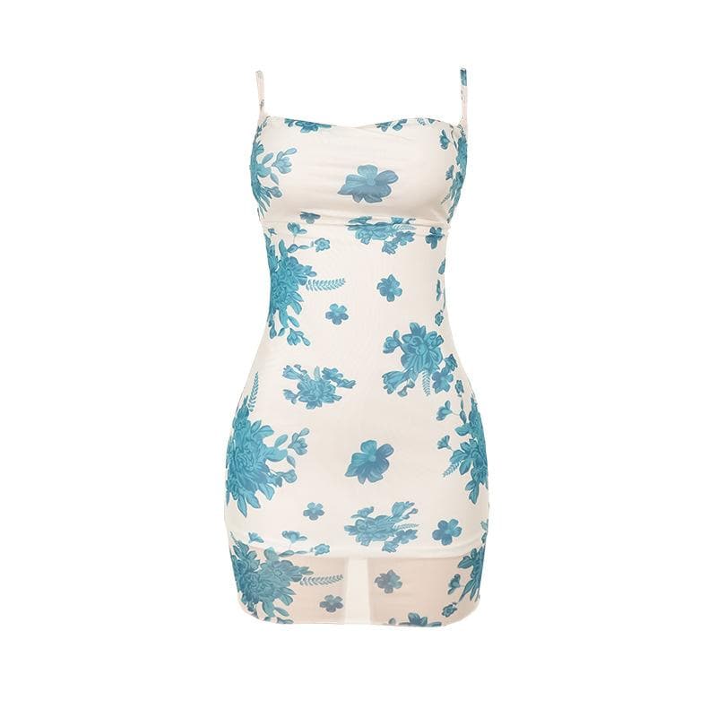 Flower print mesh lace up cami mini dress