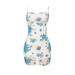 Flower print mesh lace up cami mini dress