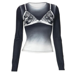 Long sleeve body print gradient crewneck contrast top-final-sale