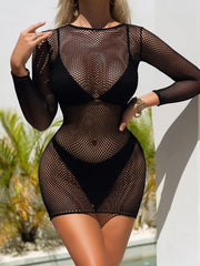 Long sleeve fishnet stitch crewneck mini dress