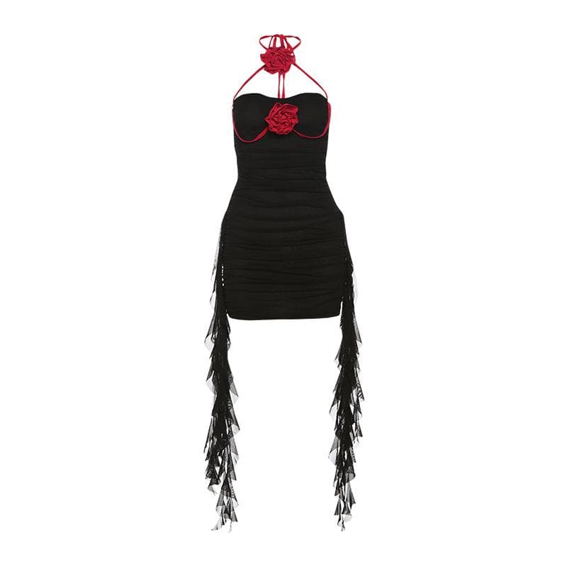 Halter self tie ruched flower applique backless mini dress