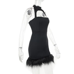 Hollow out halter fluffy backless button solid cut out mini dress