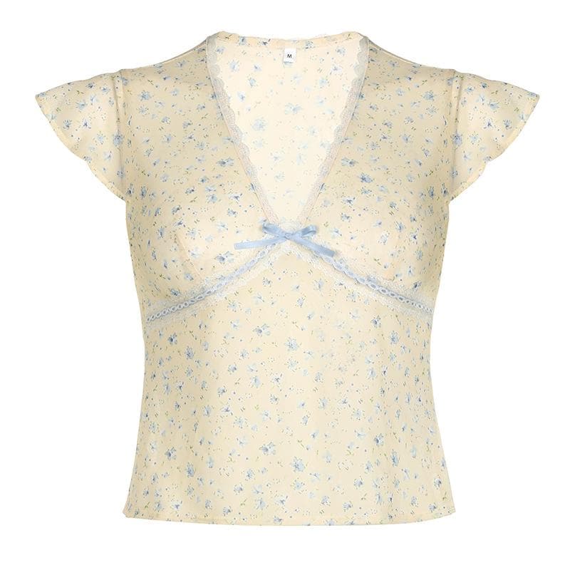 Cap sleeve v neck print bowknot lace hem top