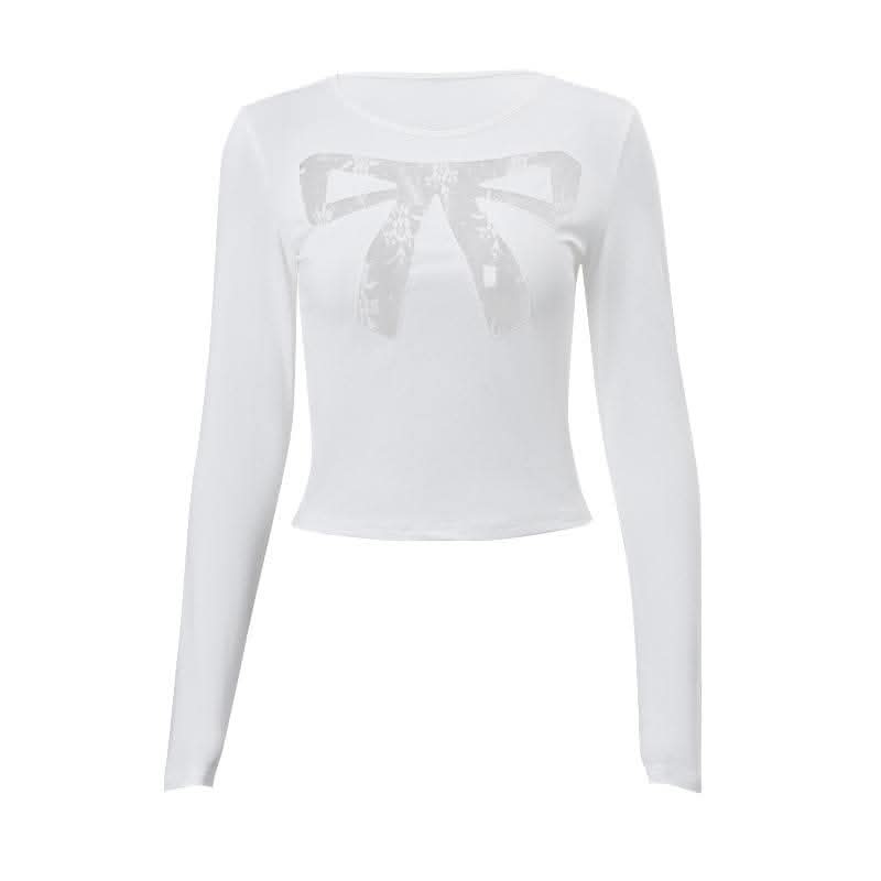 Long sleeve bowknot pattern lace mesh patchwork crewneck top-final-sale