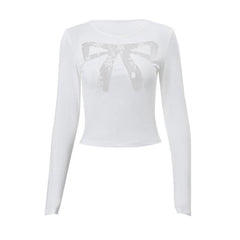 Long sleeve bowknot pattern lace mesh patchwork crewneck top-final-sale