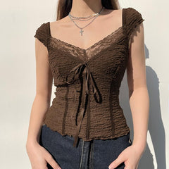 Textured cap sleeve lace hem solid backless top