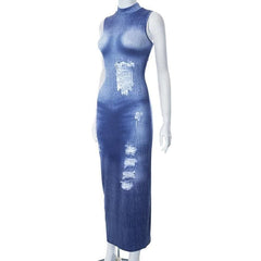 Denim print sleeveless contrast high neck maxi dress-final-sale