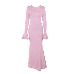 Crewneck long sleeve lace up flower pattern maxi dress-final-sale