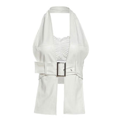 Halter lace hem PU leather 2 piece ruched top