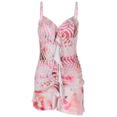 V neck ruffle ruched print backless cami mini dress