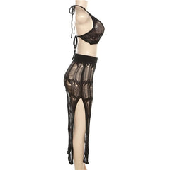 Crochet solid halter self tie see through slit midi skirt set-final-sale