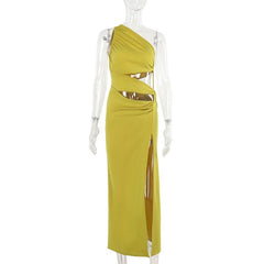 Irregular hollow out slit ruched one shoulder cut out mini dress
